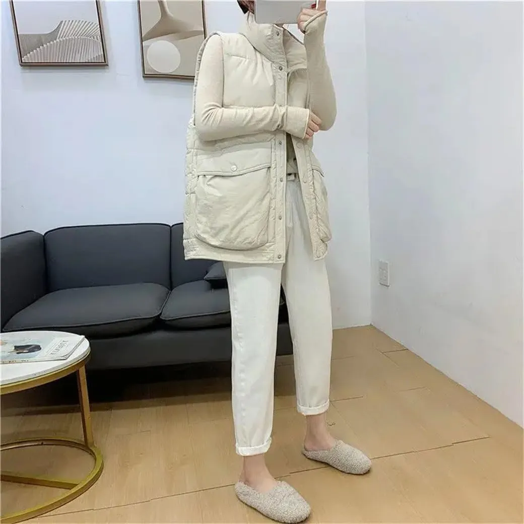 Rfmfkkg Women Sleeveless Single-Breasted Vest Thick Warm Cotton-Padded Coat Streetwear Waistcoat