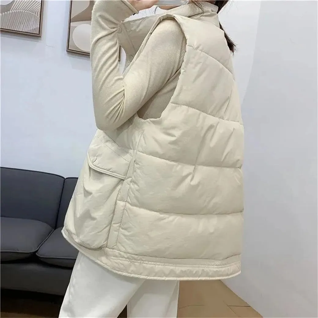Rfmfkkg Women Sleeveless Single-Breasted Vest Thick Warm Cotton-Padded Coat Streetwear Waistcoat