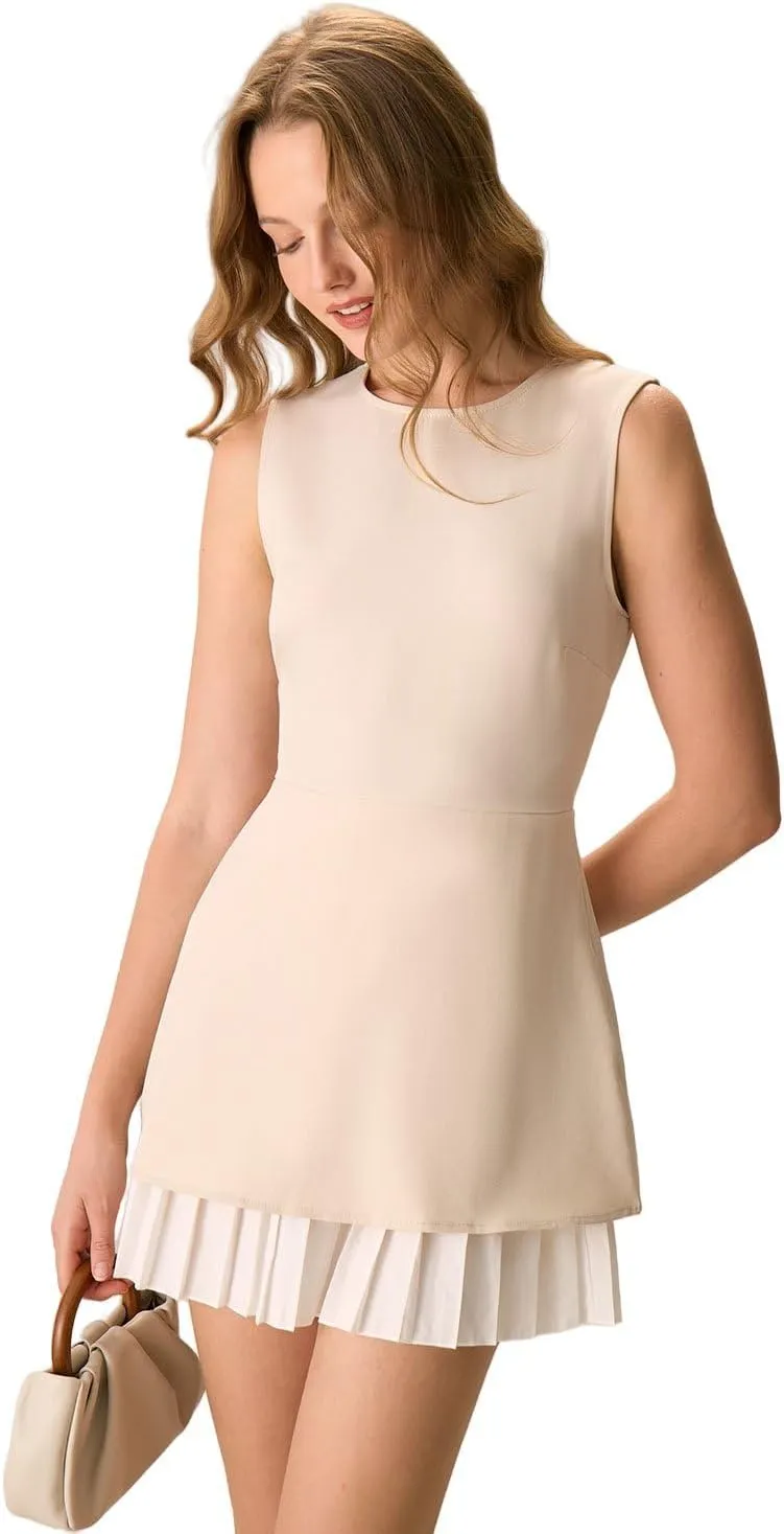 RIHOAS Women's Black Splicing Pleated Mini Dress A-Line Short Dress with Zipper