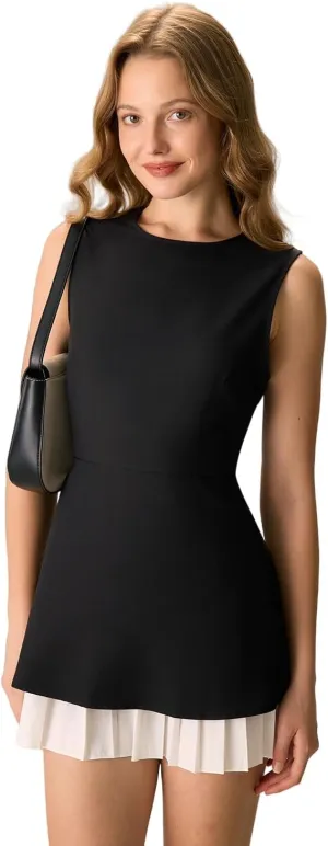 RIHOAS Women's Black Splicing Pleated Mini Dress A-Line Short Dress with Zipper