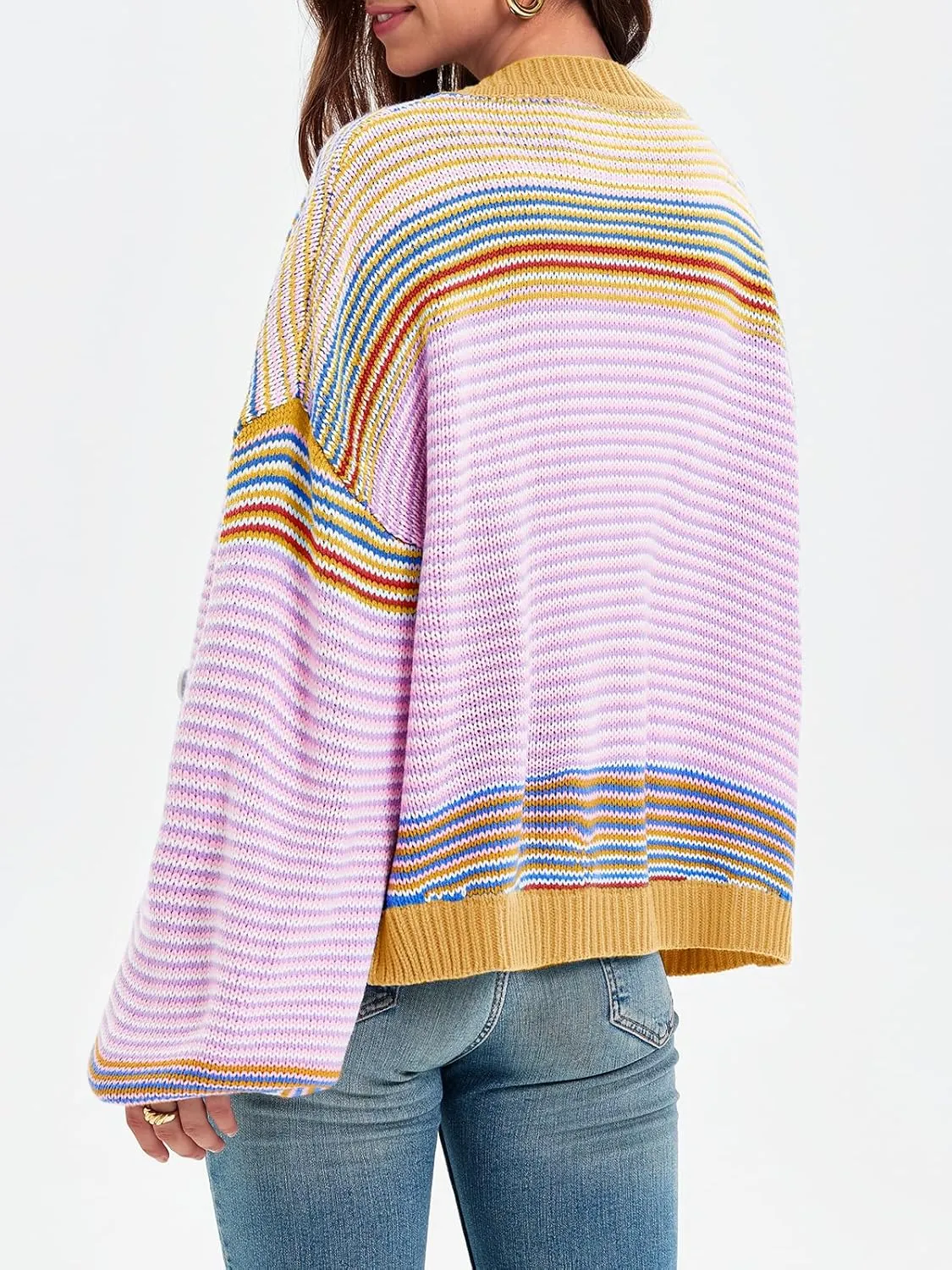 Saodimallsu Womens Striped Cardigan Sweaters Oversized Puff Sleeve Button Up V Neck Color Block Knit Sweater Coat