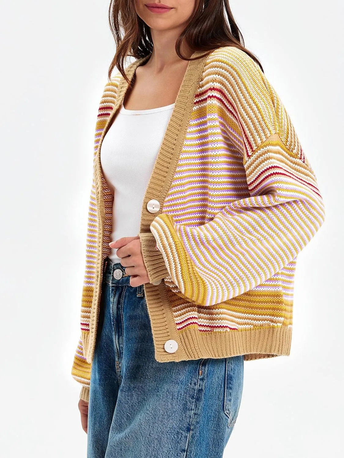 Saodimallsu Womens Striped Cardigan Sweaters Oversized Puff Sleeve Button Up V Neck Color Block Knit Sweater Coat