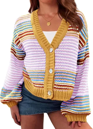 Saodimallsu Womens Striped Cardigan Sweaters Oversized Puff Sleeve Button Up V Neck Color Block Knit Sweater Coat