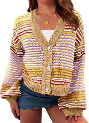 Saodimallsu Womens Striped Cardigan Sweaters Oversized Puff Sleeve Button Up V Neck Color Block Knit Sweater Coat