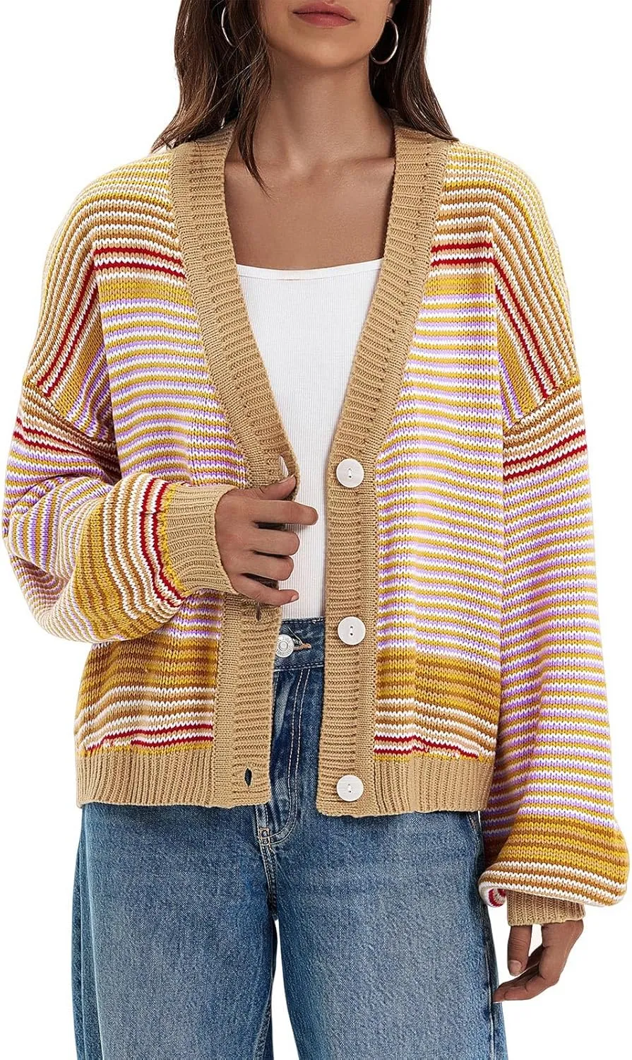 Saodimallsu Womens Striped Cardigan Sweaters Oversized Puff Sleeve Button Up V Neck Color Block Knit Sweater Coat