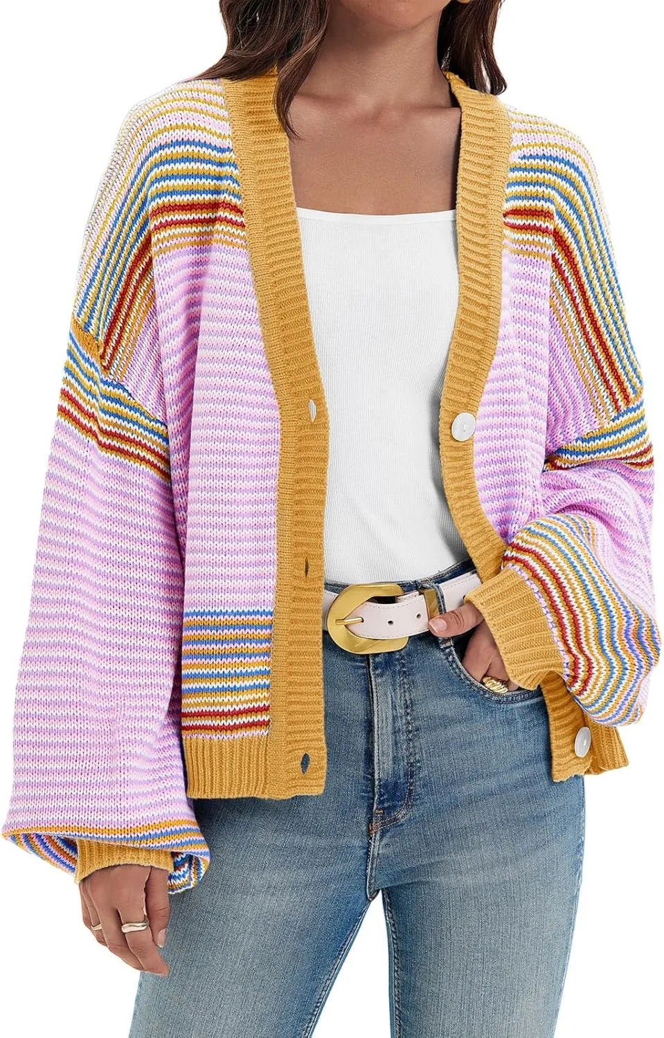 Saodimallsu Womens Striped Cardigan Sweaters Oversized Puff Sleeve Button Up V Neck Color Block Knit Sweater Coat