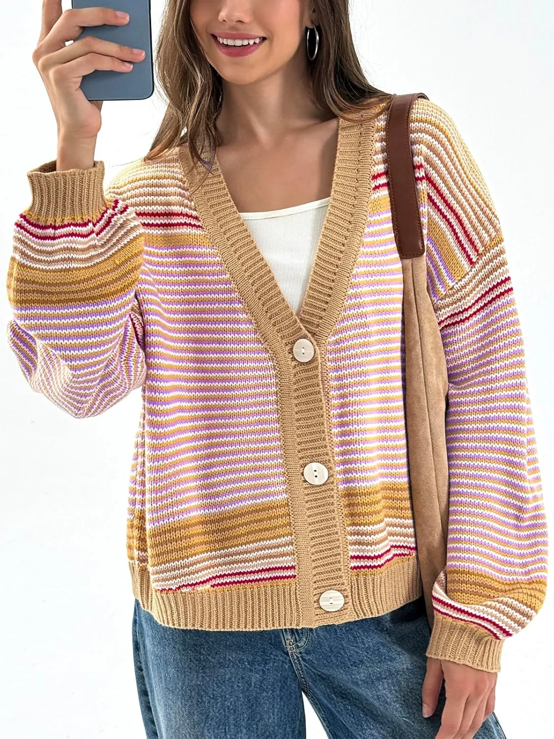 Saodimallsu Womens Striped Cardigan Sweaters Oversized Puff Sleeve Button Up V Neck Color Block Knit Sweater Coat