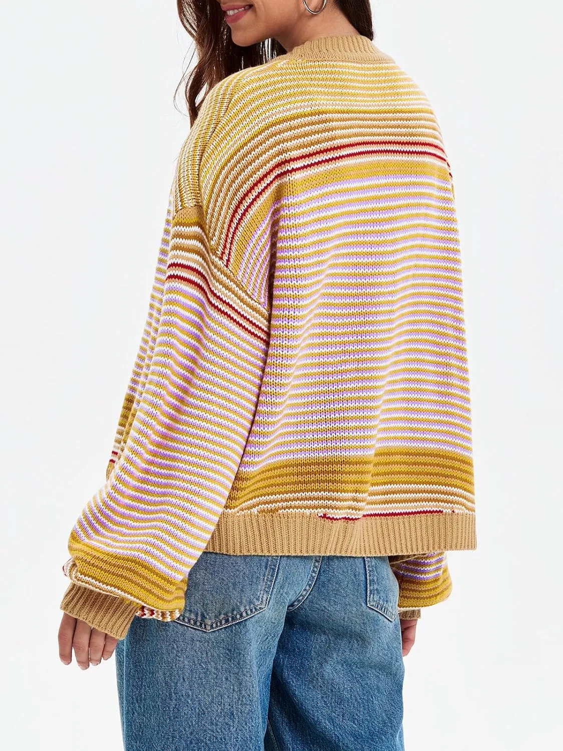 Saodimallsu Womens Striped Cardigan Sweaters Oversized Puff Sleeve Button Up V Neck Color Block Knit Sweater Coat
