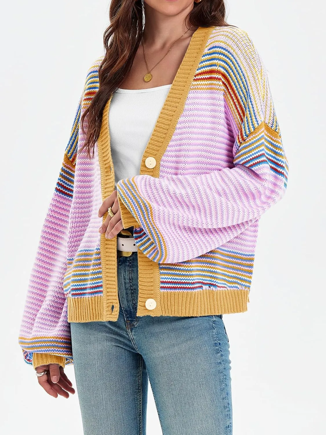 Saodimallsu Womens Striped Cardigan Sweaters Oversized Puff Sleeve Button Up V Neck Color Block Knit Sweater Coat