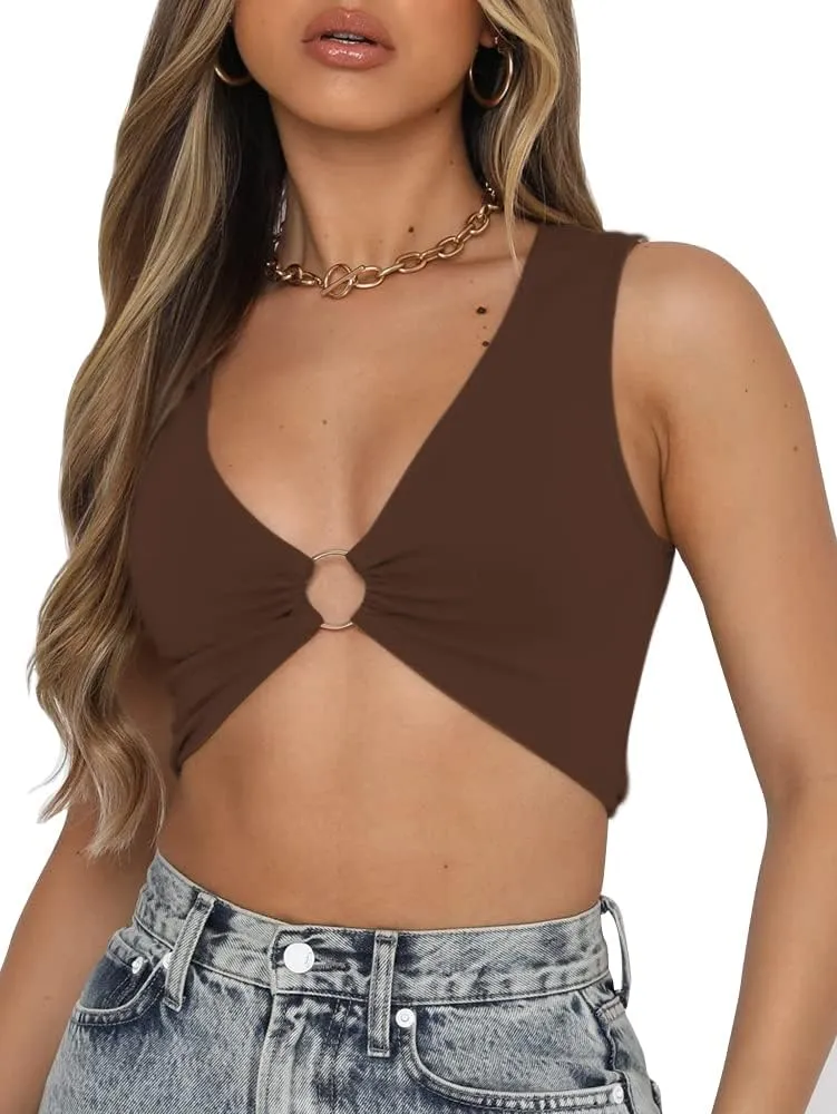 Sexy Crop Tops for Women Sleeveless Deep V Neck Workout Tops Plunge Ring Cleavage Cropped Tank Top