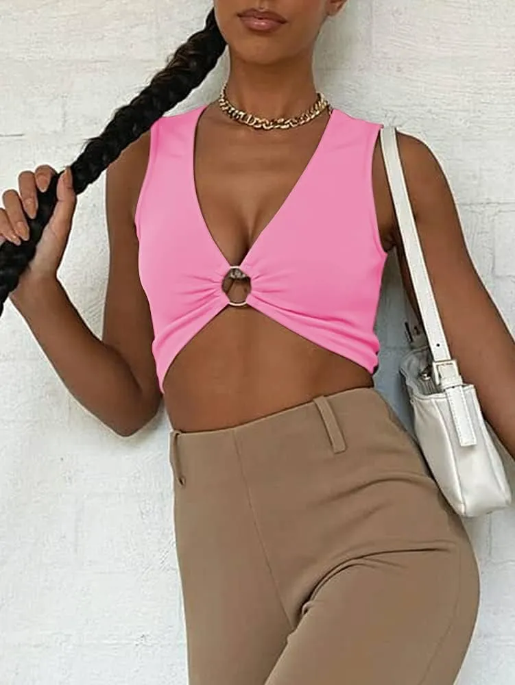 Sexy Crop Tops for Women Sleeveless Deep V Neck Workout Tops Plunge Ring Cleavage Cropped Tank Top