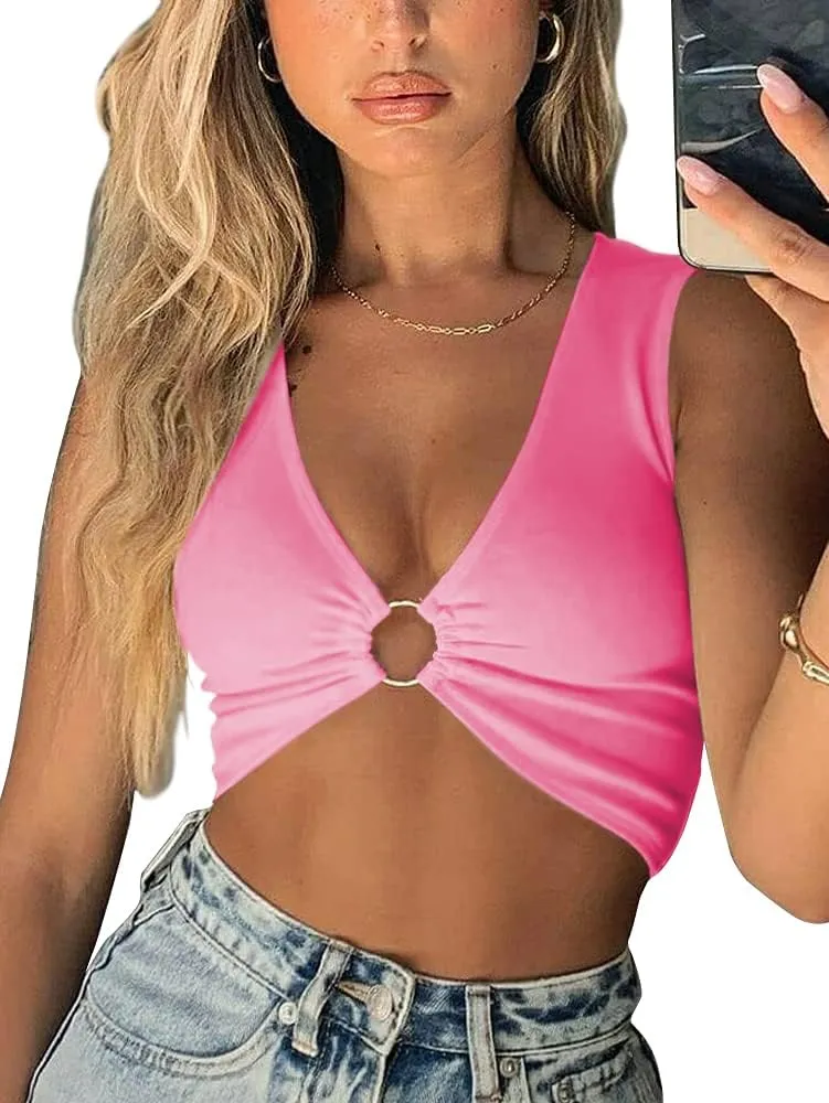 Sexy Crop Tops for Women Sleeveless Deep V Neck Workout Tops Plunge Ring Cleavage Cropped Tank Top