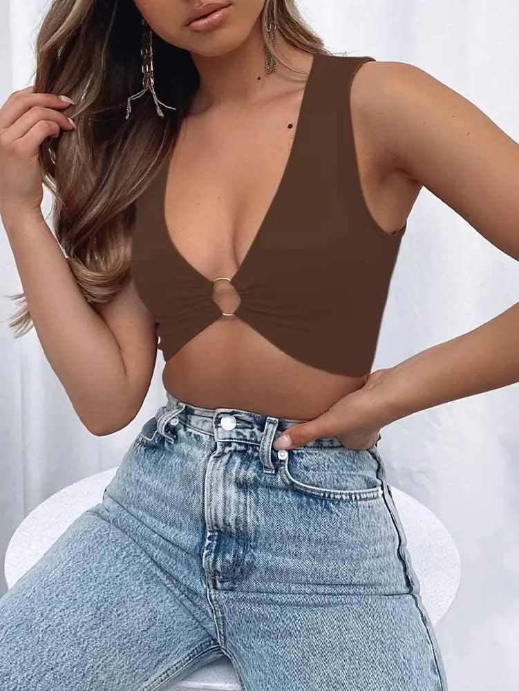 Sexy Crop Tops for Women Sleeveless Deep V Neck Workout Tops Plunge Ring Cleavage Cropped Tank Top