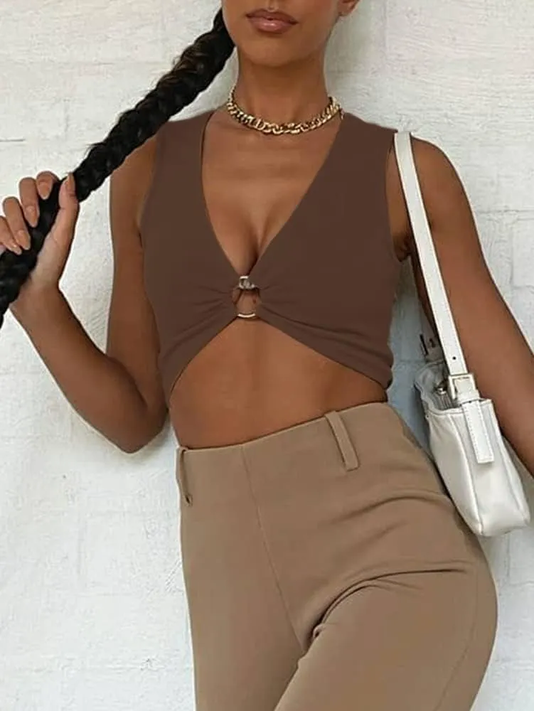 Sexy Crop Tops for Women Sleeveless Deep V Neck Workout Tops Plunge Ring Cleavage Cropped Tank Top