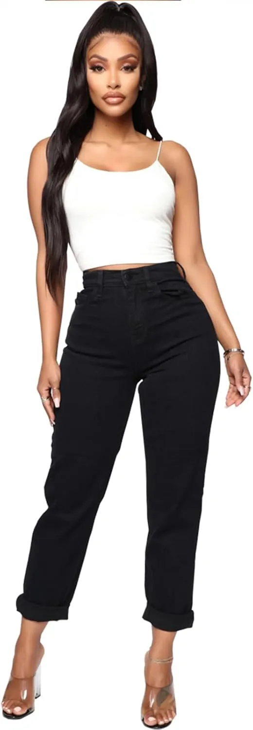 SheKiss Boyfriend Stretchy Jeans for Women - Distressed Frayed High Waisted Trendy Denim Blue Jeans