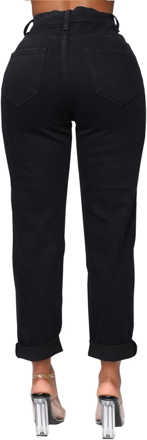SheKiss Boyfriend Stretchy Jeans for Women - Distressed Frayed High Waisted Trendy Denim Blue Jeans