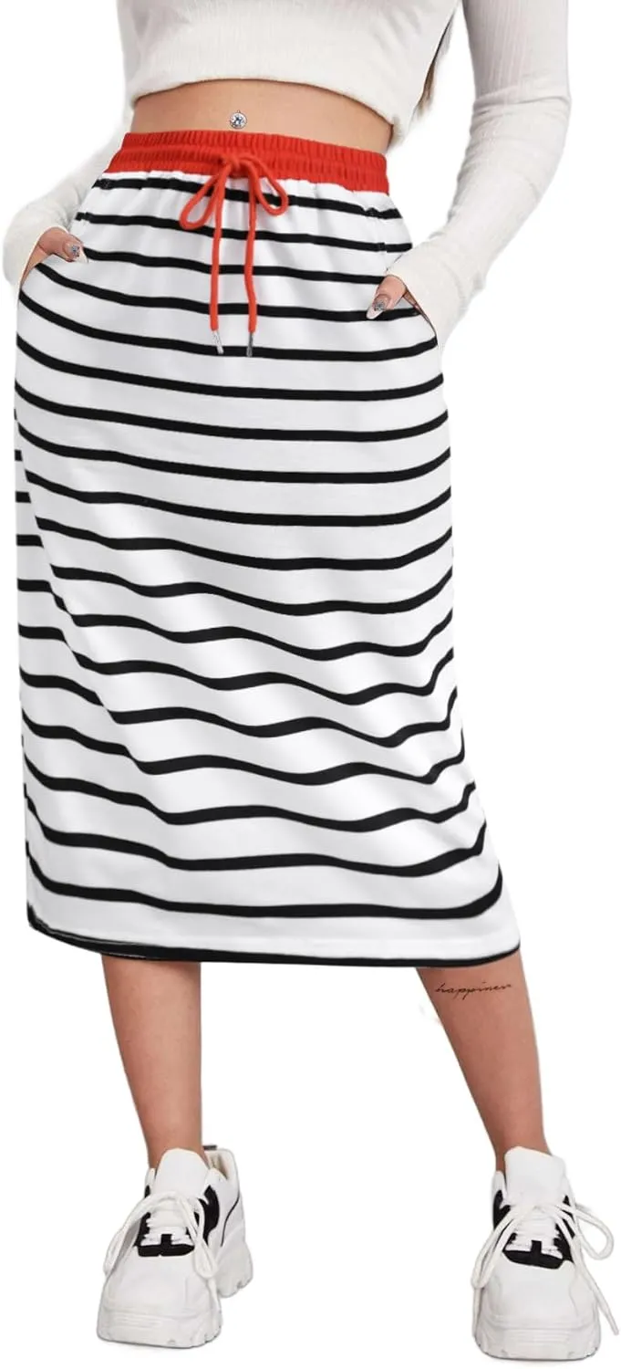 SOFIA'S CHOICE Women's Midi Skirt Drawstring High Waist Sweat Skirts with Pockets