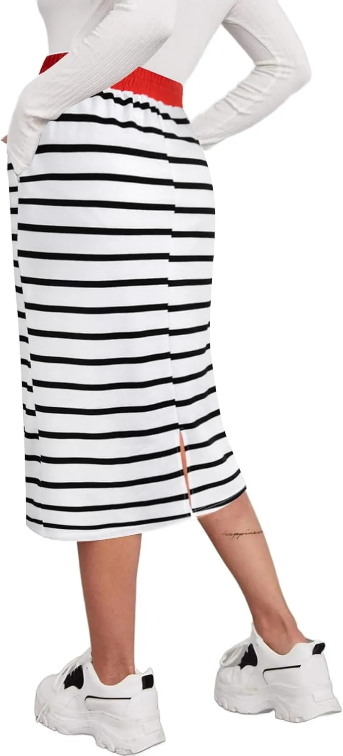 SOFIA'S CHOICE Women's Midi Skirt Drawstring High Waist Sweat Skirts with Pockets