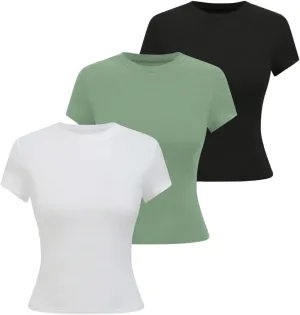 SOLY HUX Boat Neck Tops for Women 3 Piece Cropped Basic Tees Set Summer Short Sleeve Shirts Fitted Workout Undershirt