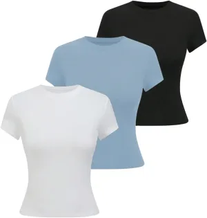 SOLY HUX Boat Neck Tops for Women 3 Piece Cropped Basic Tees Set Summer Short Sleeve Shirts Fitted Workout Undershirt