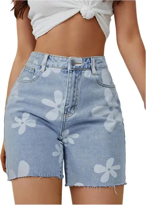 SOLY HUX Women's Floral Print Denim Shorts High Waisted Straight Leg Jeans Summer Short Pants