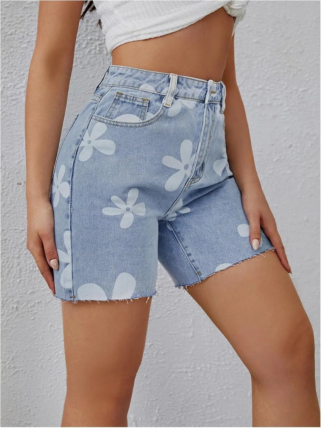 SOLY HUX Women's Floral Print Denim Shorts High Waisted Straight Leg Jeans Summer Short Pants