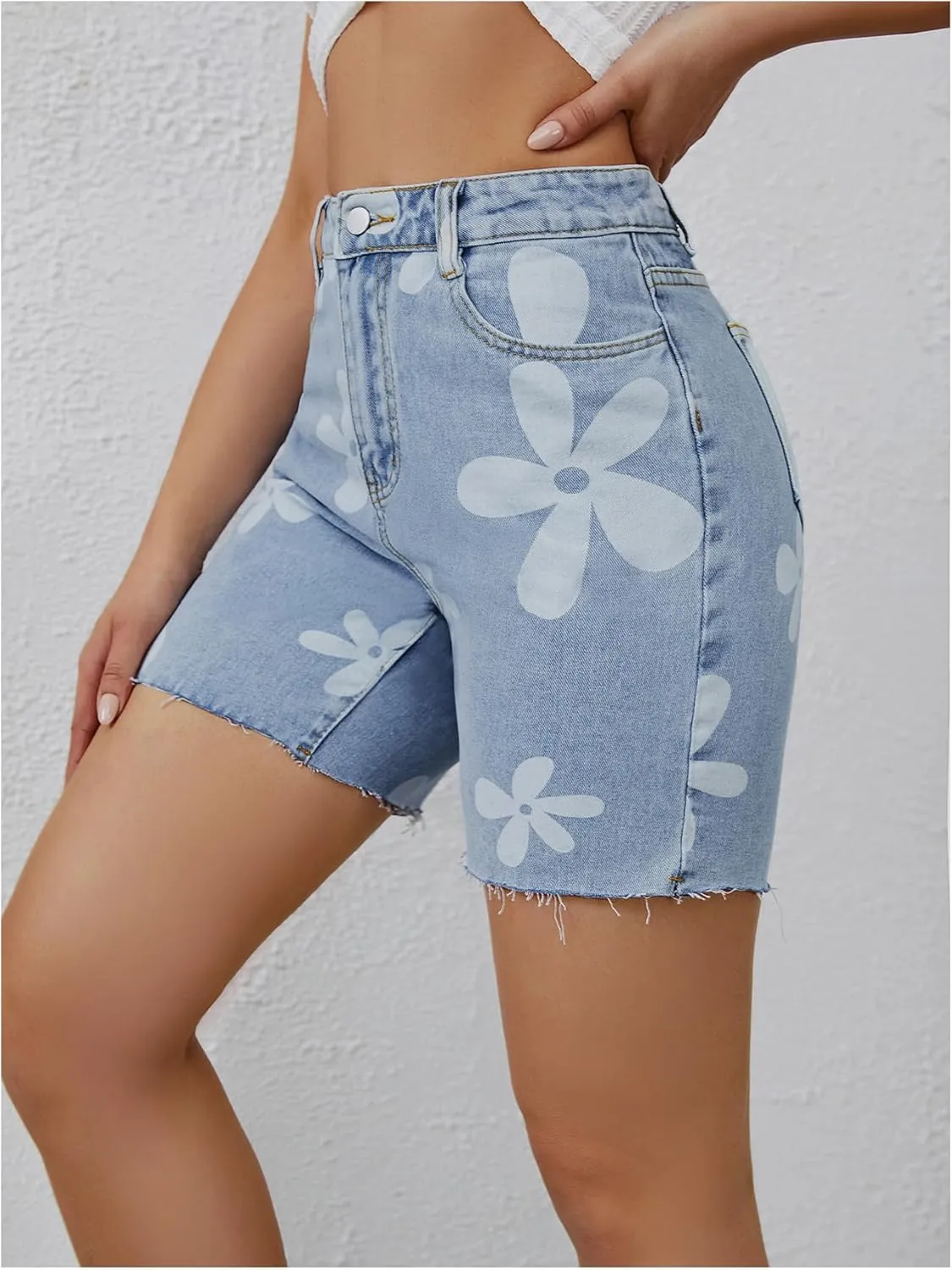 SOLY HUX Women's Floral Print Denim Shorts High Waisted Straight Leg Jeans Summer Short Pants