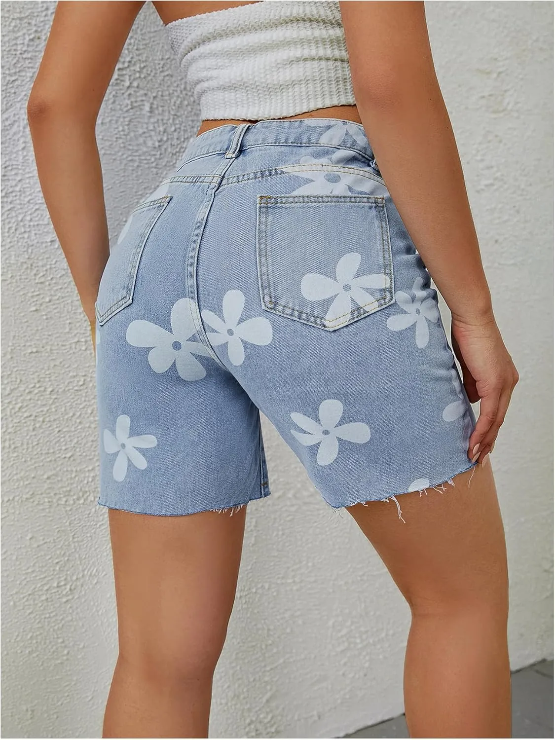 SOLY HUX Women's Floral Print Denim Shorts High Waisted Straight Leg Jeans Summer Short Pants