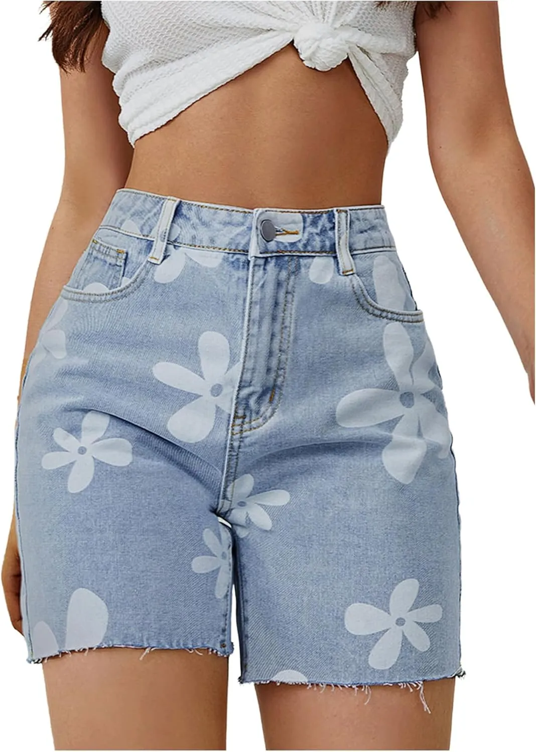 SOLY HUX Women's Floral Print Denim Shorts High Waisted Straight Leg Jeans Summer Short Pants