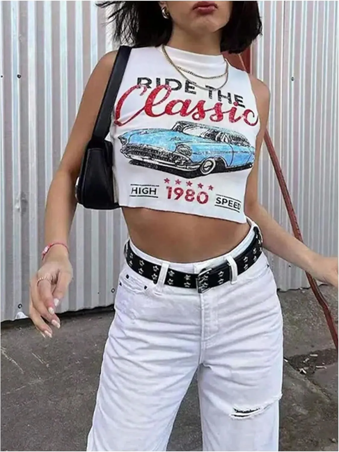 SOLY HUX Women's Graphic Tank Top Car Letter Print Sleeveless Crew Neck Summer Streetwear Crop Tops