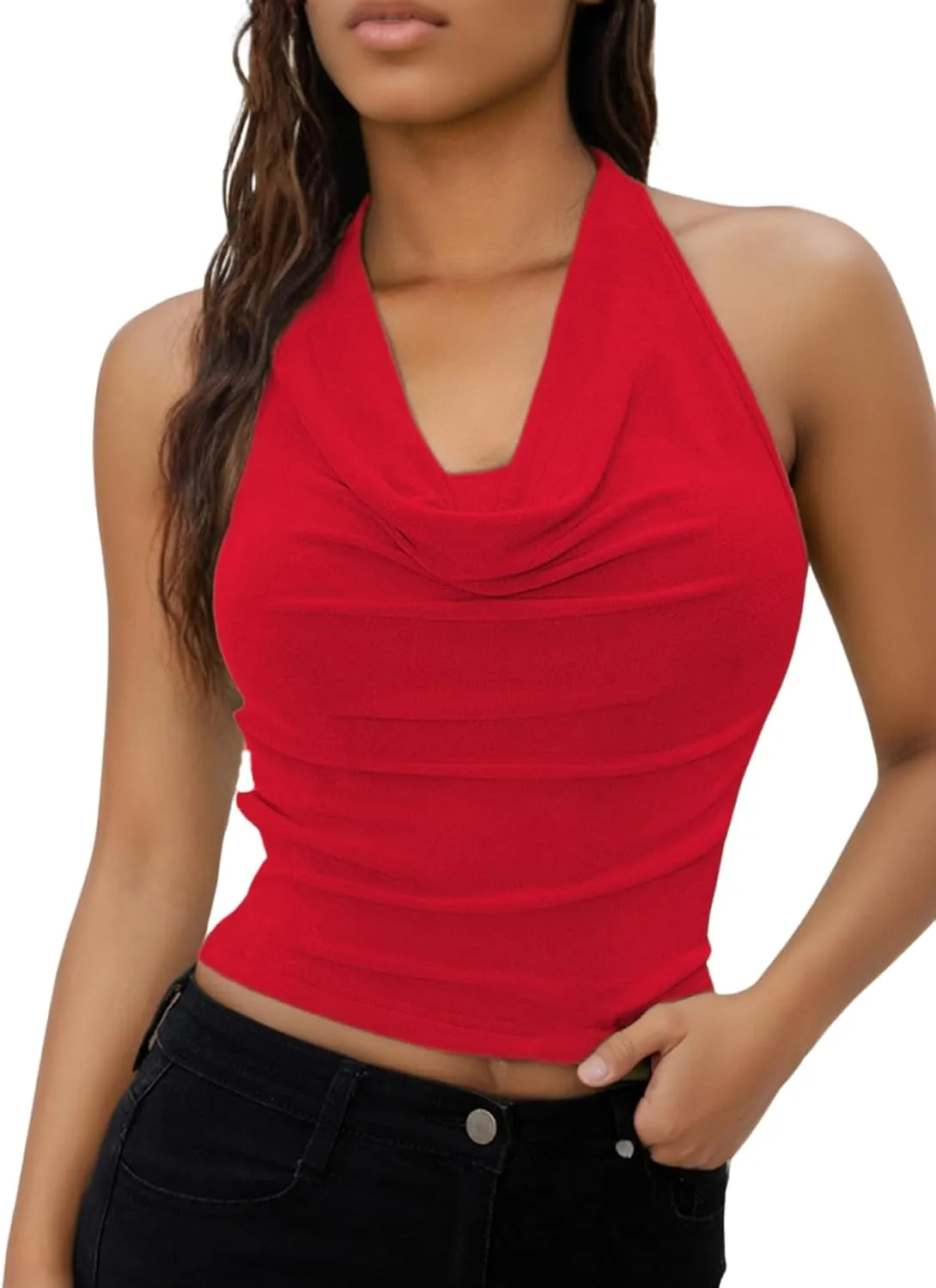 SOLY HUX Women's Halter Tops Draped Front Sleeveless Backless Y2K Crop Sexy Cami Tops Going Out Summer Outfits