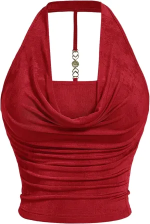 SOLY HUX Women's Plus Size Halter Draped Front Backless Tank Top Sleeveless Y2k Crop Tops
