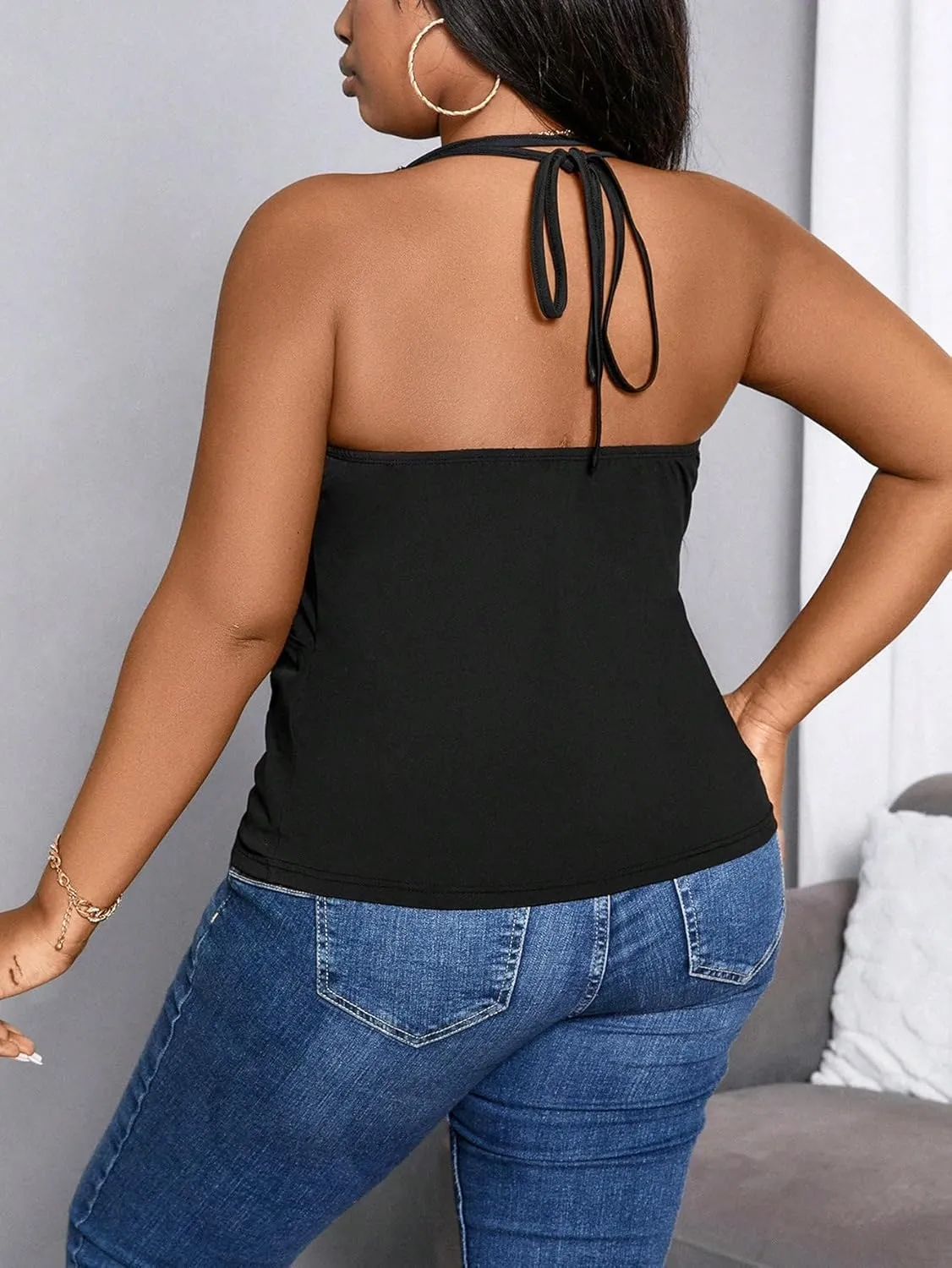 SOLY HUX Women's Plus Size Tops Cowl Neck Draped Tie Back Halter Cami Top