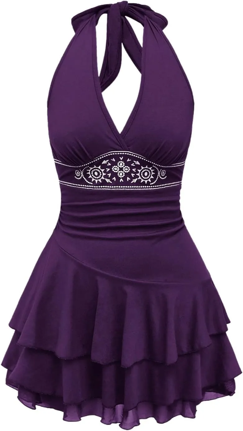 SOLY HUX Women's Summer Halter Backless Mini Dress Flowy Sleeveless V Neck Tie Back A Line Western Casual Sun Dresses