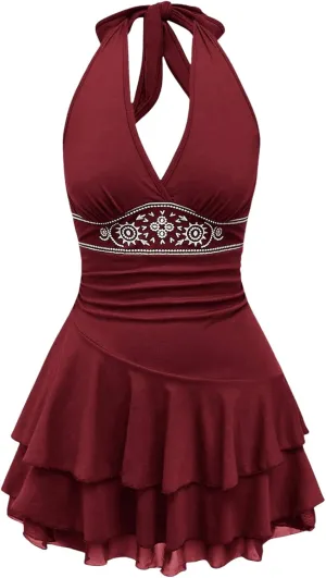 SOLY HUX Women's Summer Halter Backless Mini Dress Flowy Sleeveless V Neck Tie Back A Line Western Casual Sun Dresses
