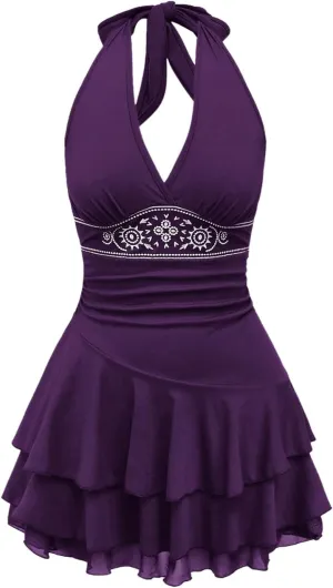SOLY HUX Women's Summer Halter Backless Mini Dress Flowy Sleeveless V Neck Tie Back A Line Western Casual Sun Dresses