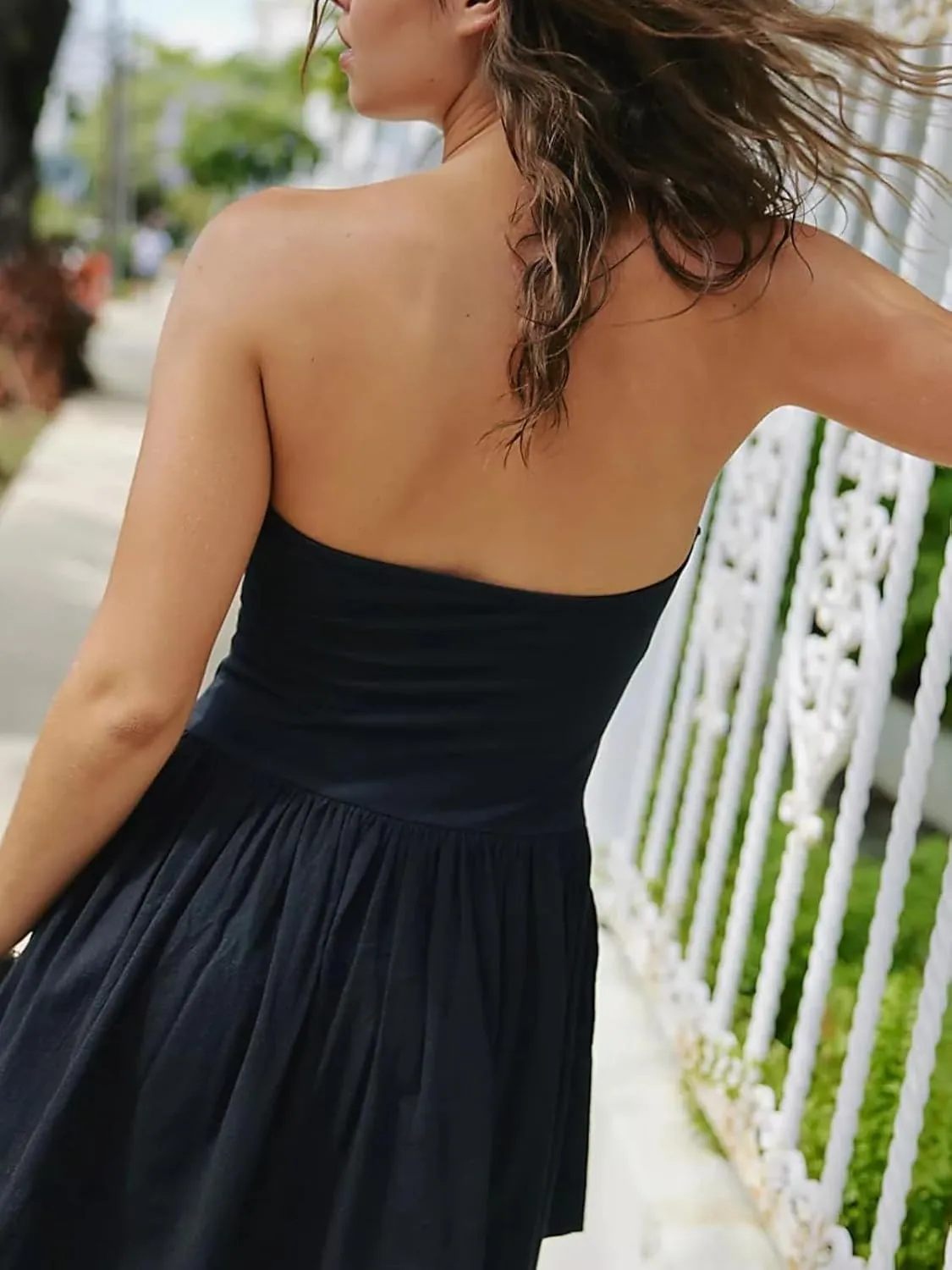 Summer Solid Strapless Mini Dress for Women Tube Top Dresses Patchwork Pleated Drop Waist Flared Beach Dress