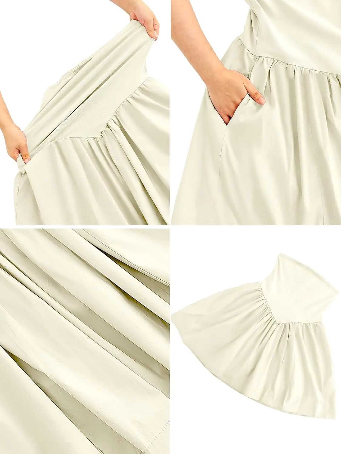 Summer Solid Strapless Mini Dress for Women Tube Top Dresses Patchwork Pleated Drop Waist Flared Beach Dress