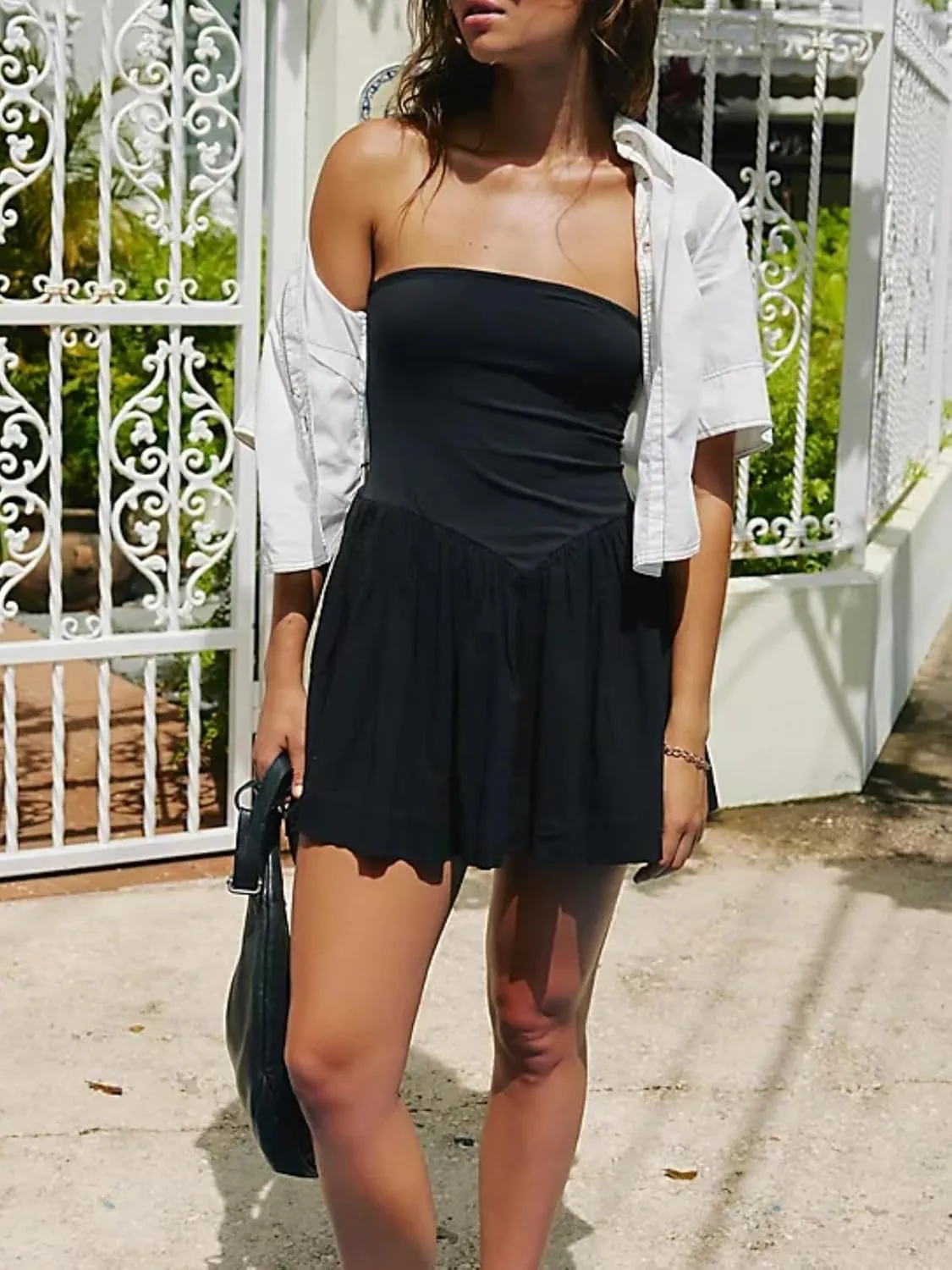 Summer Solid Strapless Mini Dress for Women Tube Top Dresses Patchwork Pleated Drop Waist Flared Beach Dress