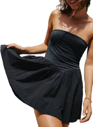 Summer Solid Strapless Mini Dress for Women Tube Top Dresses Patchwork Pleated Drop Waist Flared Beach Dress
