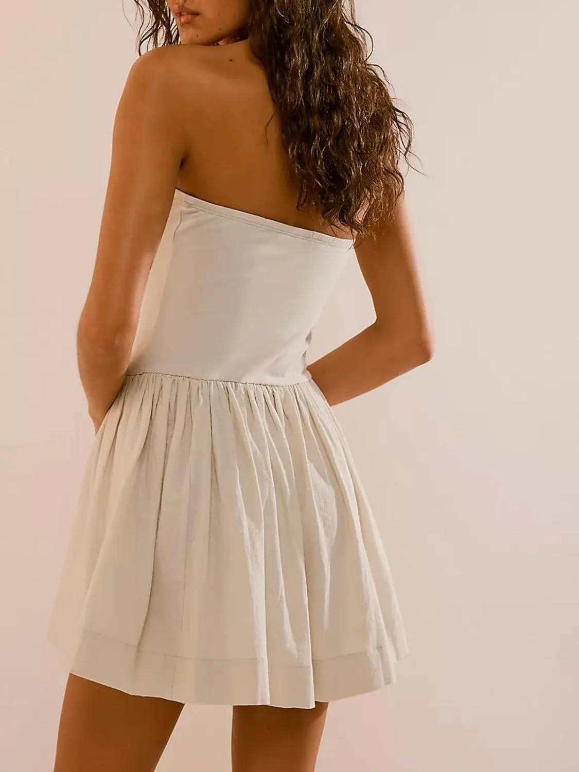 Summer Solid Strapless Mini Dress for Women Tube Top Dresses Patchwork Pleated Drop Waist Flared Beach Dress