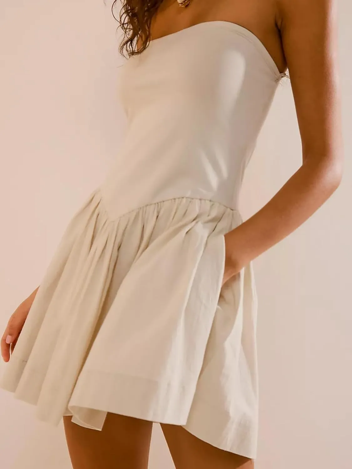 Summer Solid Strapless Mini Dress for Women Tube Top Dresses Patchwork Pleated Drop Waist Flared Beach Dress