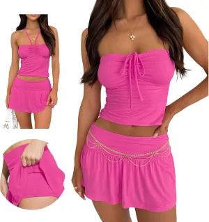 Summer Two Piece Outfits for Women Y2K Going Out Tie Ruched Tube Crop Tops Low Rise Pleated Mini Skort Skirt Sets
