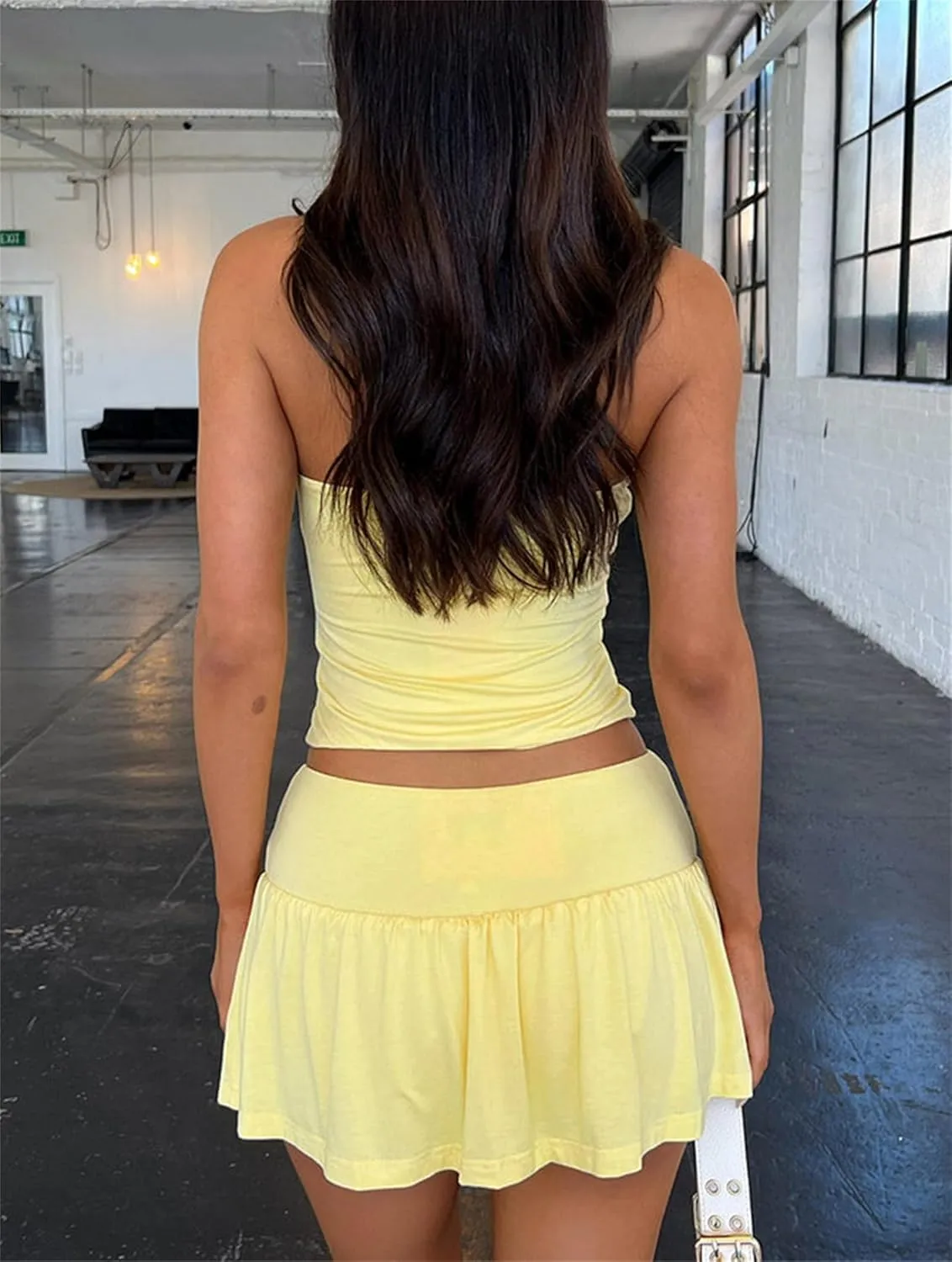 Summer Two Piece Outfits for Women Y2K Going Out Tie Ruched Tube Crop Tops Low Rise Pleated Mini Skort Skirt Sets