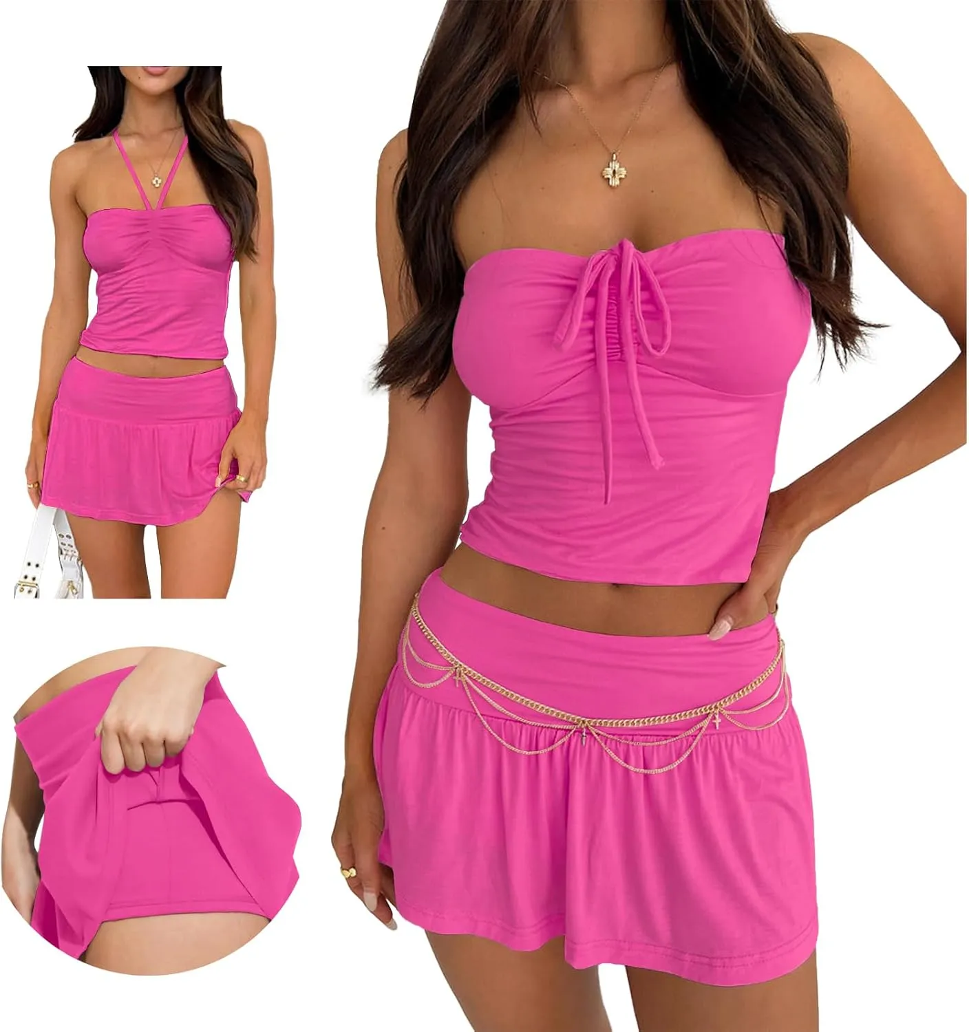 Summer Two Piece Outfits for Women Y2K Going Out Tie Ruched Tube Crop Tops Low Rise Pleated Mini Skort Skirt Sets