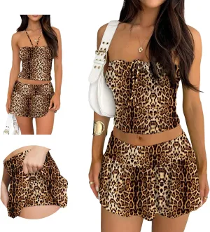 Summer Two Piece Outfits for Women Y2K Going Out Tie Ruched Tube Crop Tops Low Rise Pleated Mini Skort Skirt Sets