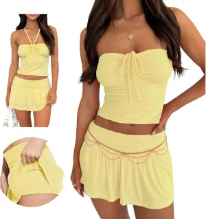 Summer Two Piece Outfits for Women Y2K Going Out Tie Ruched Tube Crop Tops Low Rise Pleated Mini Skort Skirt Sets