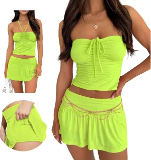 Summer Two Piece Outfits for Women Y2K Going Out Tie Ruched Tube Crop Tops Low Rise Pleated Mini Skort Skirt Sets