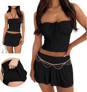 Summer Two Piece Outfits for Women Y2K Going Out Tie Ruched Tube Crop Tops Low Rise Pleated Mini Skort Skirt Sets