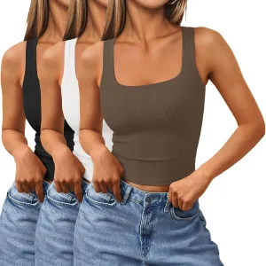 SUNBS Women's 3 Pack Square Neck Tank Tops Sleeveless Ribbed Workout Cute Outfits Summer Cropped Camisole Fashion Clothes